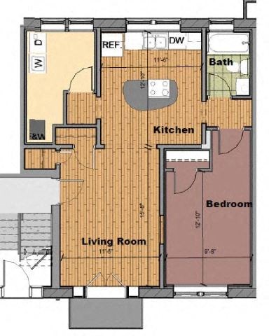 Floor plan for 1 bed, 1 bath, 711 sqft